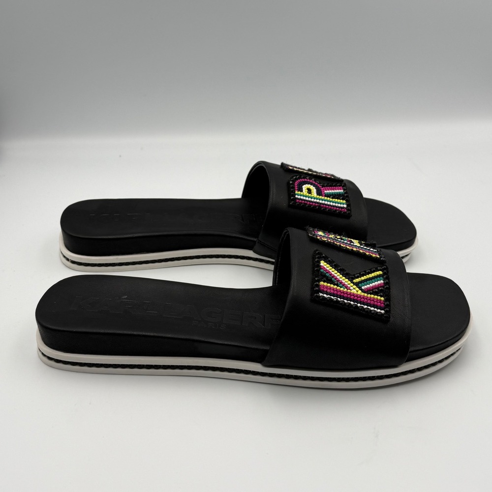 Karl Lagerfeld Paris Jaxine Black Beaded Logo Slide Sandals Womens 9M J23